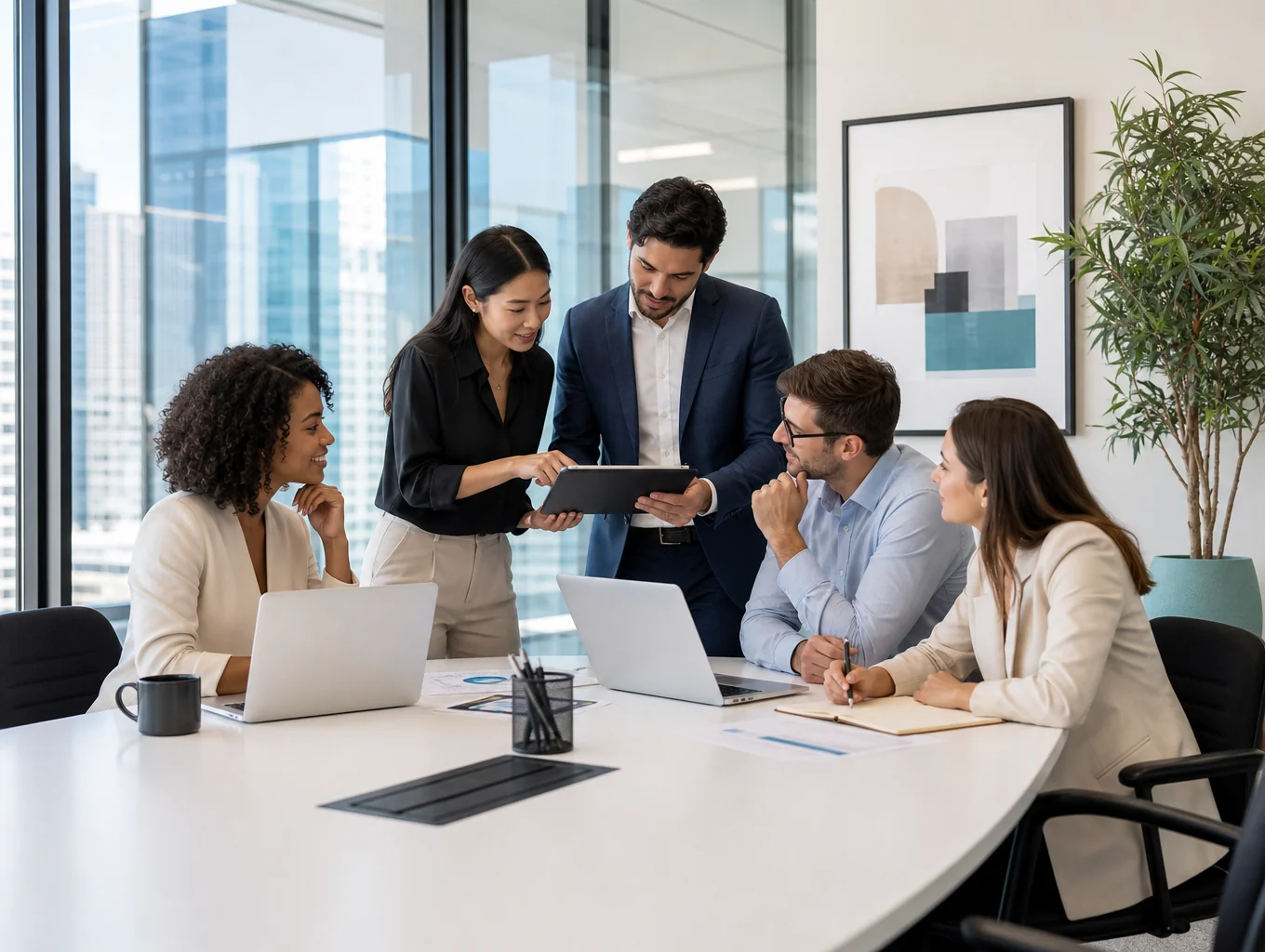 Professional team collaborating in a modern office space
